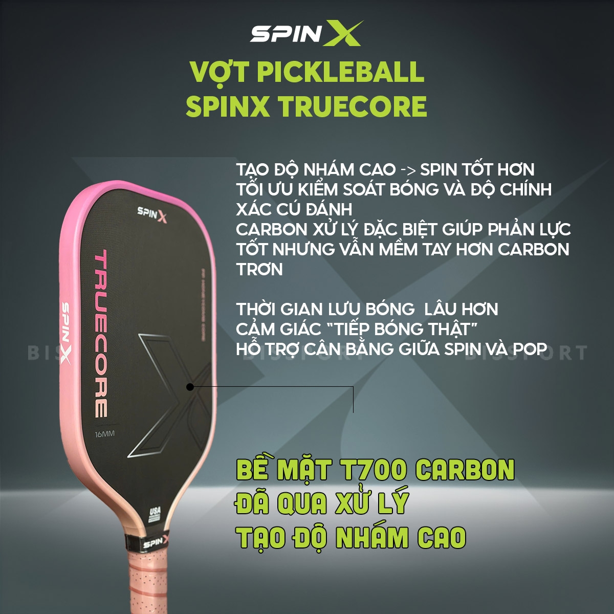 Vợt Pickleball SpinX TrueCore 16MM Chính Hãng - Trắng - Ổn Định – Cảm Giác Bóng Rõ – Kiểm Soát - Siêu Nhám